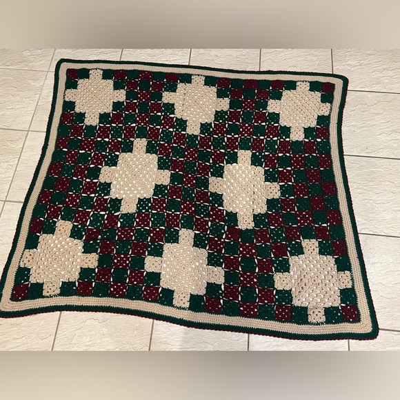 VTG Handmade Afghan Couch Throw Blanket Maroon Green Tan 60” x 65” Crochet - Picture 2 of 8